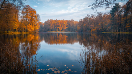 Fototapeta premium Autumn trees reflecting on a calm lake surrounded by tall grasses.