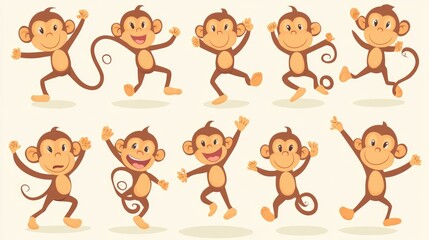 Fototapeta premium Vector illustration of cartoon monkeys, showcasing a collection of cheeky and mischievous characters in different actions.
