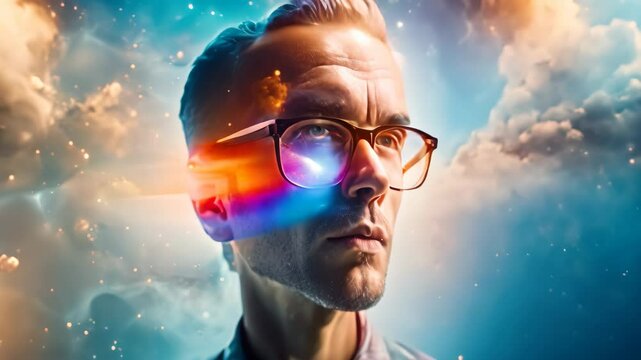 Man with glasses gazes into distance, face overlaid with galaxy, symbolizing AIs impact on creativity and innovation, Portraying the impact of AI on creativity and innovation