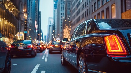 Luxury cars lined up on a bustling city street during twilight hours