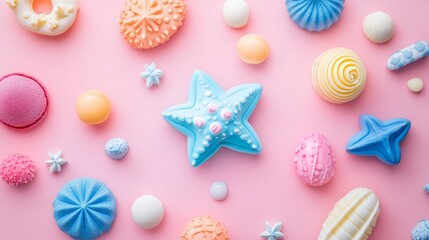 Colorful decorative candies on a pink background for a party
