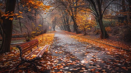 A Lonely Bench in a Path Covered with Fallen Leaves in an Autumn Forest