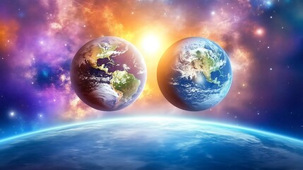 Obraz premium Two Earths in Space with a Glowing Star in the Background: Perfect for Science Fiction, Space Travel, or Fantasy Concepts Subtle Blur Background with Space for Custom Text