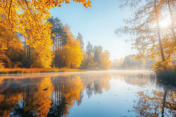 Fototapeta premium Peaceful autumn morning with golden trees reflecting on a misty lake.