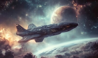 Fototapeta premium Spaceship Flying Around Planets