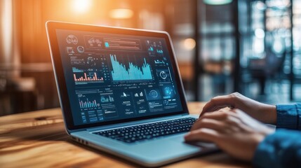 Close-up of hands typing on a laptop, analyzing data charts and graphs on the screen.