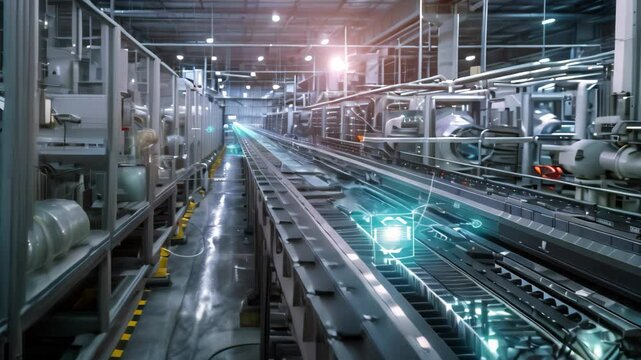 Cutting-edge food facility w/ conveyor belt system and digital overlays showcases tech & innovation in food production, portraying the technology and innovation in a food manufacturing facility