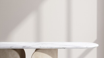 White marble podium table with beige legs in sunlight on white wall for luxury, elegant cosmetic, skincare, body care, beauty product display background 3D