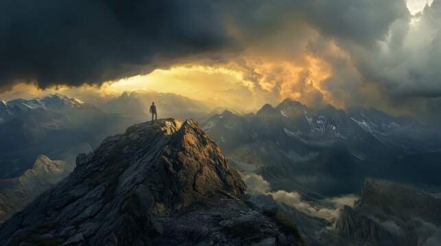 Triumphant Hiker Standing on a Mountain Peak, Overcoming Challenges Generative AI