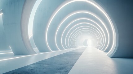 Fototapeta premium Futuristic hallway with glowing arches and a bright exit in daylight
