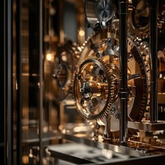Close-up of intricate clockwork mechanism with gears and cogs.