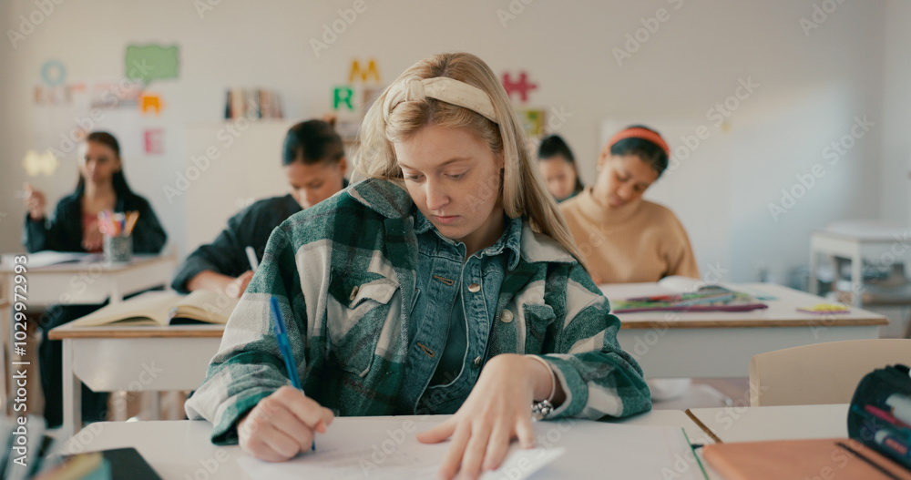 Poster writing, test and education with girl in classroom for learning, entrance exam and scholarship. acad
