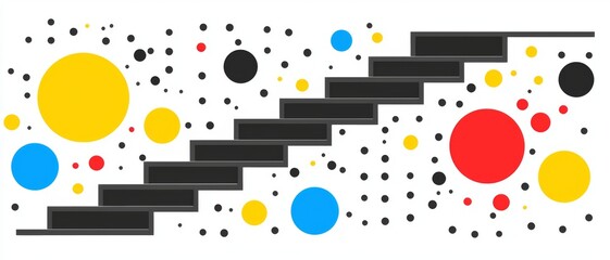 A modern artwork featuring black stairs against a bright backdrop of colorful circles in red, yellow, blue, and black, creating a dynamic geometric pattern.