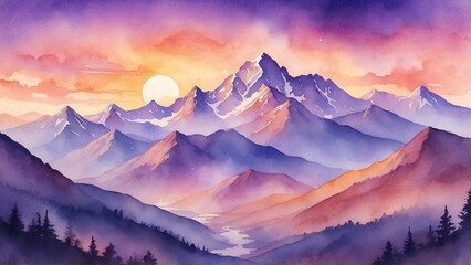 Majestic mountain landscape at sunset with vibrant colors and a glowing sun
