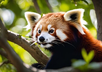 An adorable red panda cozies up among the branches.