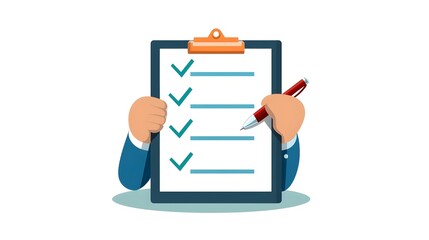 Cybernetic style icon depicting a person standing next to a checklist holding a pen and writing on a clipboard  The image highlights attention to detail and organization with a triadic color scheme