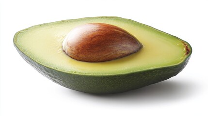 A single avocado slice is showcased on a pristine white background, capturing the vibrant green hue and delicate texture of this nutritious fruit. 
