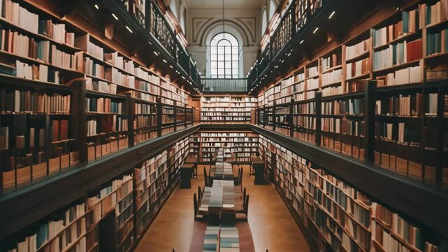 A view of a librarys interior featuring rows of bookshelves and study desks, Quiet library with rows of books and study desks