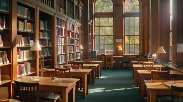 A peaceful library with rows of bookshelves and study desks, perfect for focused reading and quiet contemplation, Quiet library with rows of books and study desks