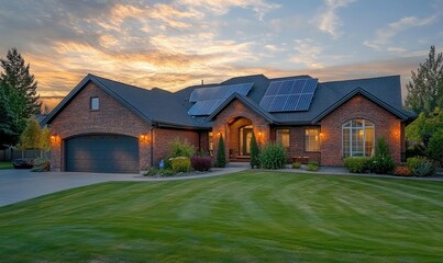 Suburban house with sunset light on bricks and solar panels installed on roof