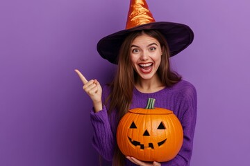 Portrait of woman in Halloween costume with happy face standing isolated on bright purple background