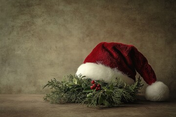 Santa Hat and Holly Sprig on a Rustic Background