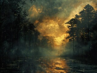Obraz premium Golden Hour Rain in a Mystical Forest - Landscape Painting