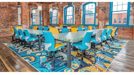 Naklejka premium Modern Conference Room Interior with Blue and Yellow Chairs