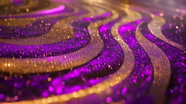 Close-up shot of golden glitter in a wavy pattern on a deep purple velvet surface, Radiant patterns of glitter on a velvet surface