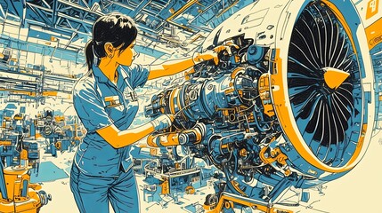 An engineer meticulously examines an airplane engine in an industrial setting, showcasing intricate mechanical details in a graphic, technical illustration style.