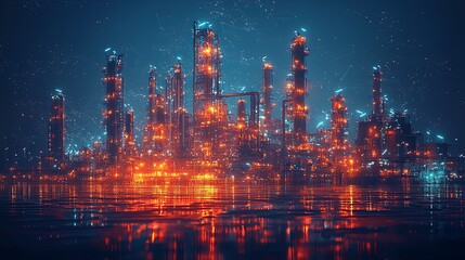 A striking industrial complex with towering structures glowing in vivid electric colors against a night sky, illustrating modern technology and industrial advances.