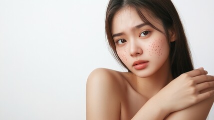 Naklejka premium Close-up portrait of a young woman with freckles on her face, looking at the camera with a serious expression.