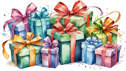 Obraz premium Colorful gift boxes, festive mood, holiday surprise, watercolor painting, copy space