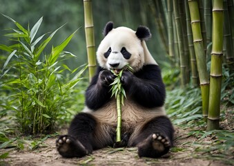 A charming panda sits contentedly, munching on bamboo.