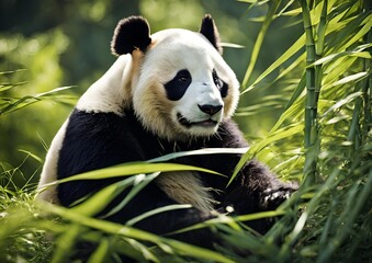 A charming panda sits contentedly, munching on bamboo.