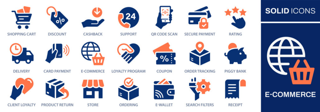 E-commerce icons, such as delivery, online shopping, store, secure payment and and more. Vector illustration. Easily changes to any color.