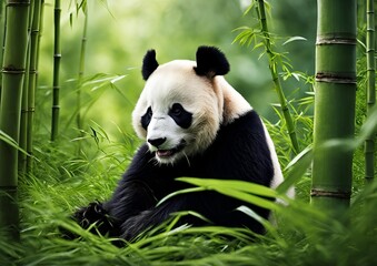 A charming panda sits contentedly, munching on bamboo.