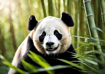 A charming panda sits contentedly, munching on bamboo.