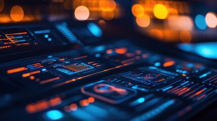 Close-up shot of futuristic interface with glowing orange and blue elements.