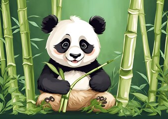 A charming panda sits contentedly, munching on bamboo.