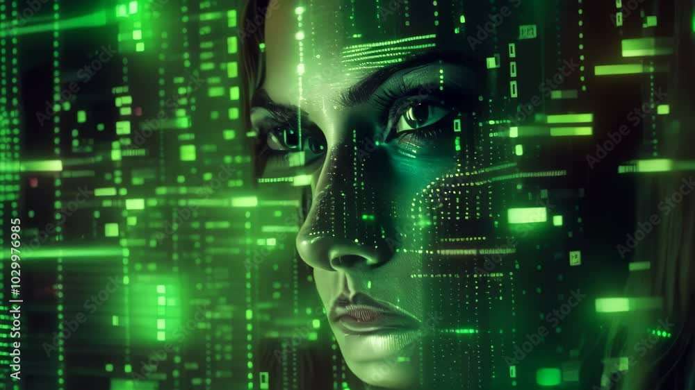 Poster close-up of a womans face with green binary code overlaid, reflect on the interplay between technolo