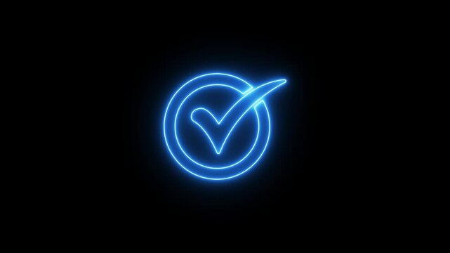 Glowing blue colour neon check mark icon animation on black background.