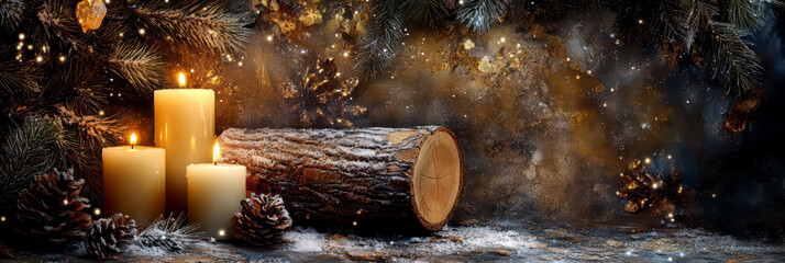 Magical Yule log with three burning candles on a holiday background decorated with pine cones and fir branches. Horizontal banner. Copy space. Midwinter holiday, winter solstice. Christmas mood