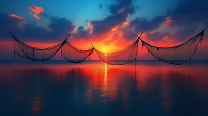 Fototapeta premium Three fishing nets suspended over calm water at sunset with vivid red and orange reflections