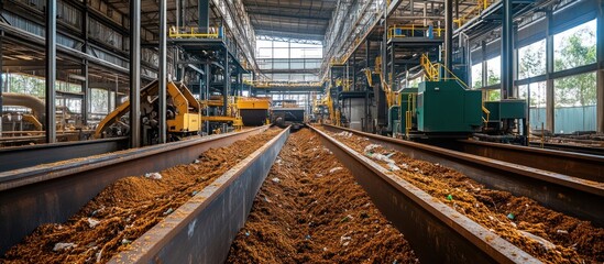 Obraz premium A long, narrow, rusty metal conveyor belt runs through a factory, with loose brown material being transported.