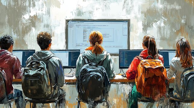 Several students with backpacks face a wall of computer screens, deeply engaged in coding at a classroom setting, symbolizing collaborative learning and technology.