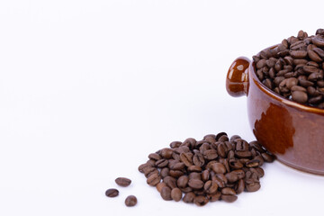 Rustic Brown Bowl with Coffee Beans on Clean White Background