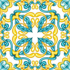 Traditional Azulejo ceramic tiles. Hand drawn watercolor Italian print for fabric and wallpaper. Sicilian majolica in blue and yellow colors. Mediterranean style ornament.