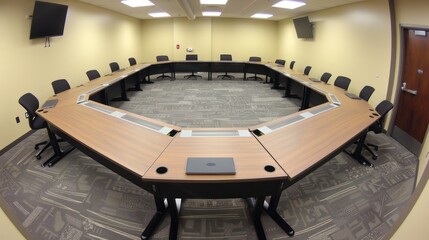 A Modern Conference Room with a Large Octagonal Table and Black Chairs