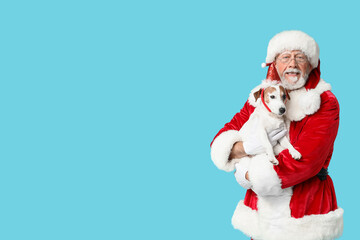 Santa Claus with cute Jack Russell Terrier dog on blue background